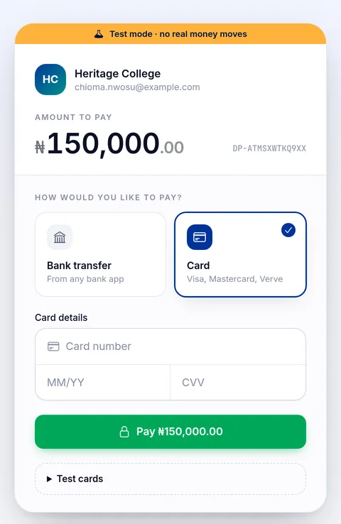 DelwaPay checkout on a phone: pay by bank transfer or card