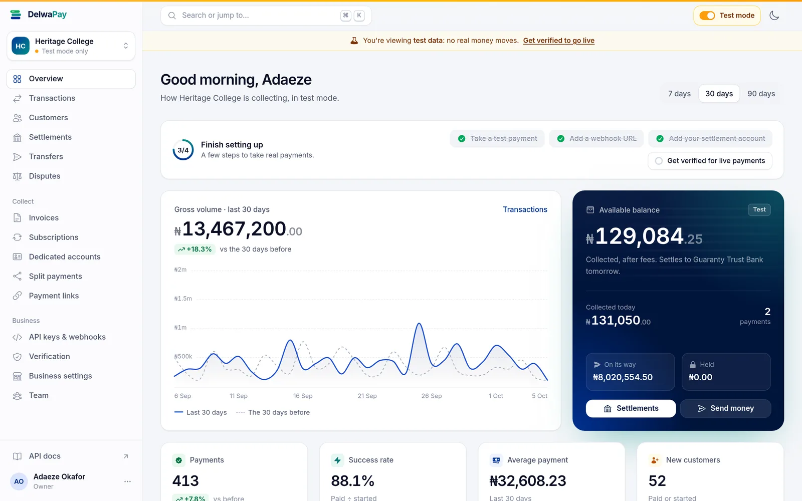 The DelwaPay dashboard overview: volume over the week, the balance on its way to the bank, and recent payments