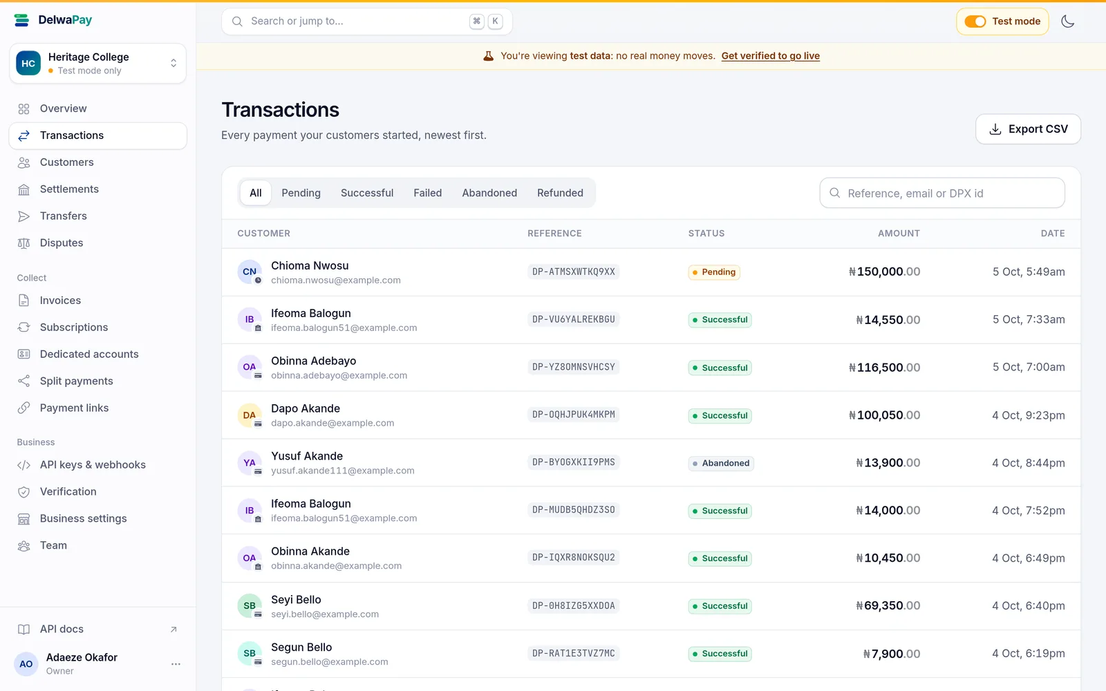 The DelwaPay transactions list, filtered by status and searchable by reference or email